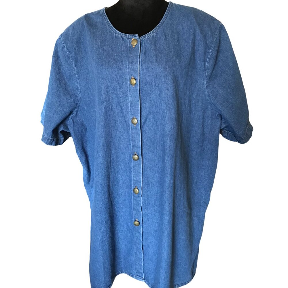Elisabeth Denim Tunic Vintage 80s Collarless Button-Down Shirt, Plus Size 30W